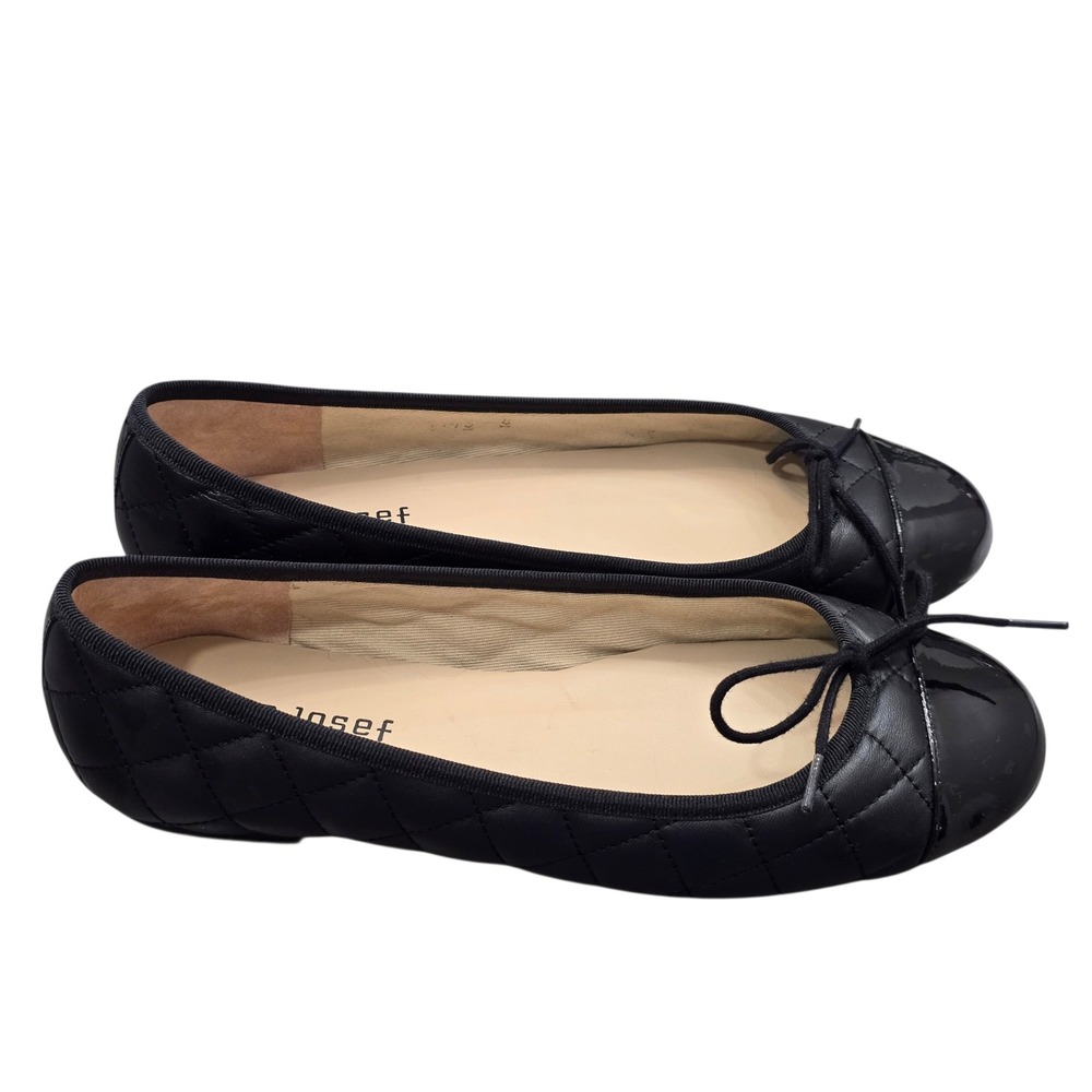 Jon Josef Black Quilted Ballet Flats Patent Cap Toe Bow Shoes Spain 8M classic